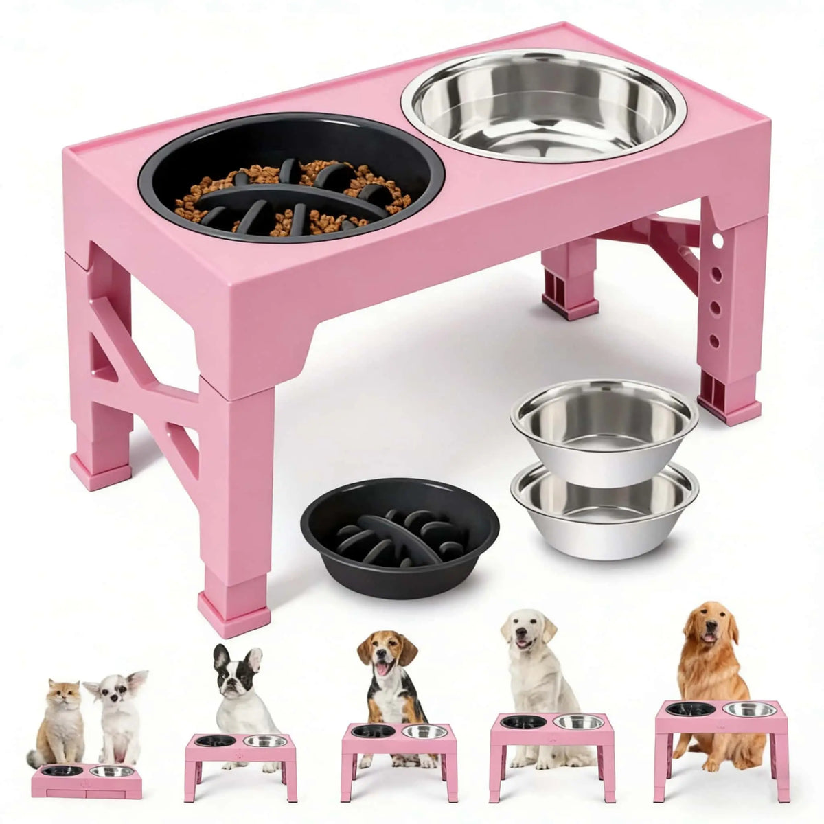 Elevated Dog Feeding Stand with 5 Height Adjustments (3.2"-12.2"), 2 Stainless Steel Dishes & 1 Slow Feeder Dish for Small to Large Dogs