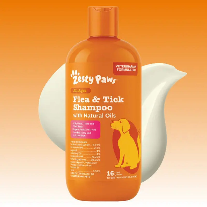 Zesty Paws Natural Flea & Tick Removal Shampoo for Dogs - 16 Fl Oz Soothing Deodorizing Formula with Cedarwood Oil & Peppermint for Enhanced Skin and Coat Care