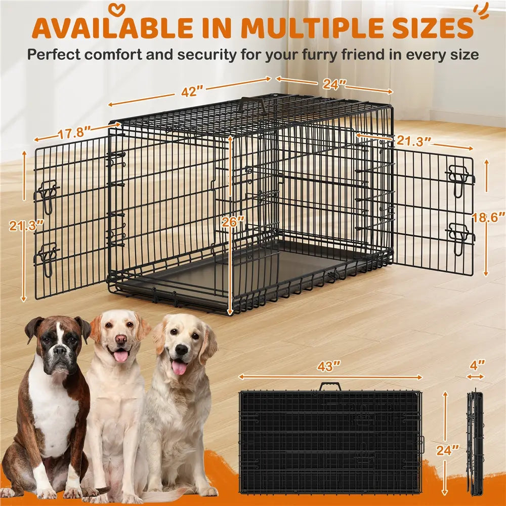Yaheetech 42In Heavy-Duty Wire Metal Dog Crate Enclosure - Multi-Size Option (36/48In), Collapsible with Divider, Double Doors, Carry Handle, Leak-Proof Pull-Out Clean Tray, Easy Assembly for Travel & Puppy Training, Safe Indoor Use