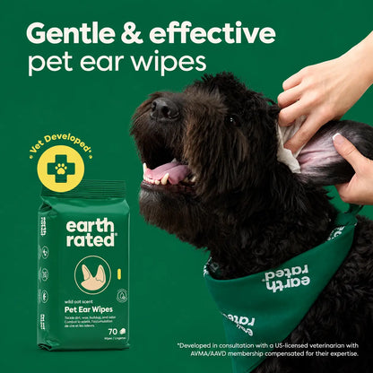 Earth Rated Veterinary-Approved Pet Ear Cleaning Wipes for Dogs and Cats, Hypoallergenic Dirt and Wax Remover, Wild Oat Scent, 70 Count