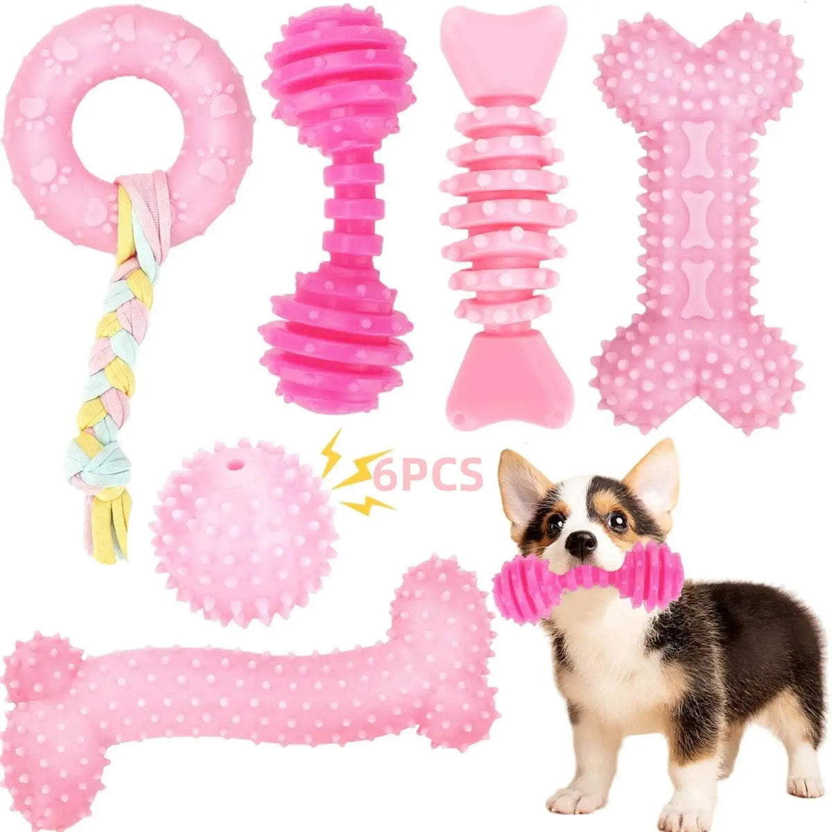 Durable Pet Chew Toy Set, 6 Counts/Set Mixed Style Interactive Tough Chewer Dog Teeth Cleaning Toy, Interactive Dog Teeth Grinding Toy