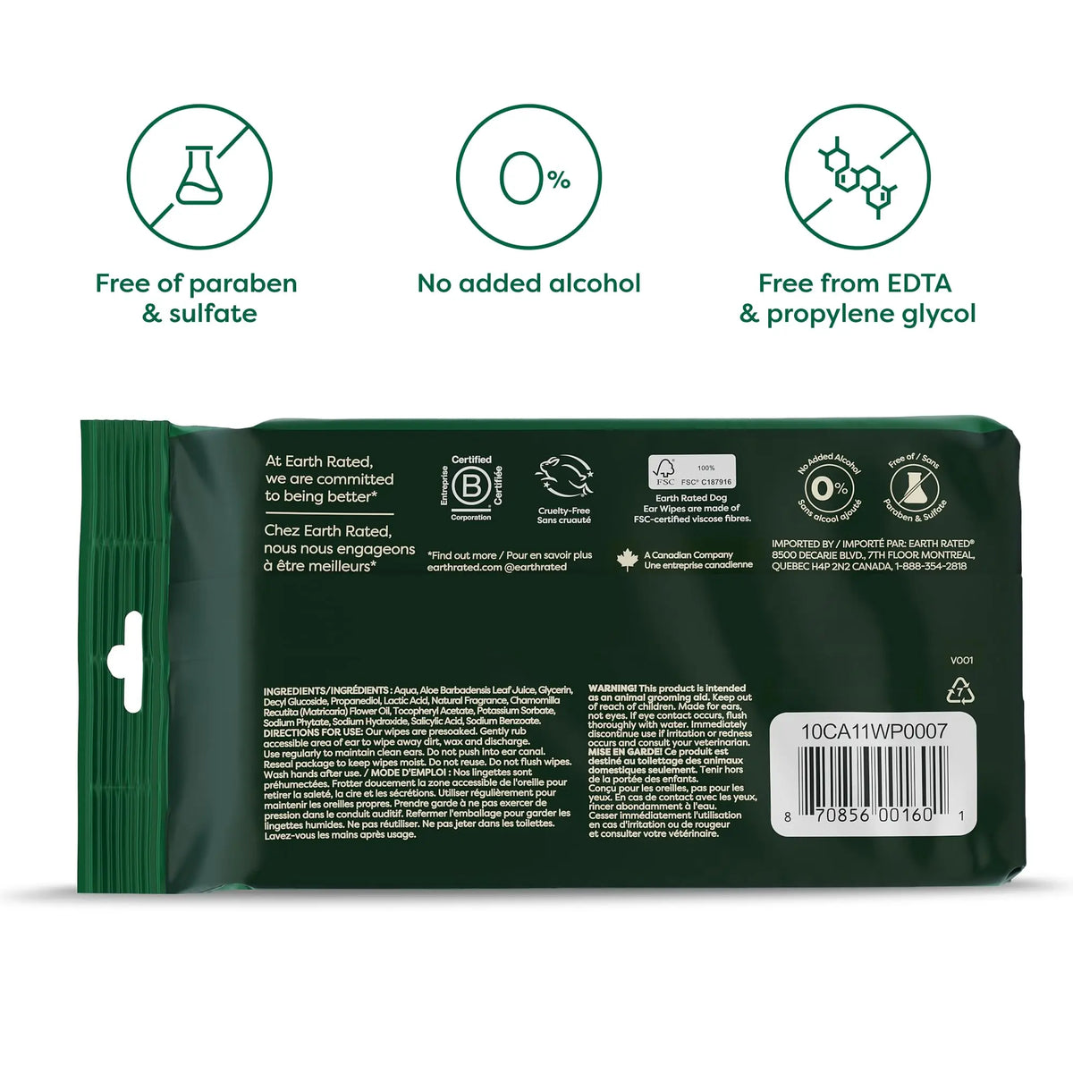 Earth Rated Veterinary-Approved Pet Ear Cleaning Wipes for Dogs and Cats, Hypoallergenic Dirt and Wax Remover, Wild Oat Scent, 70 Count