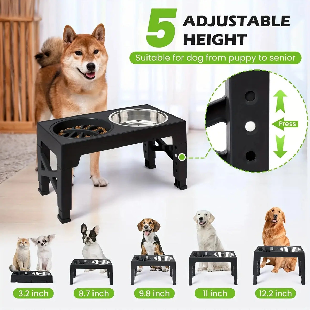 Elevated Dog Feeding Stand with 5 Height Adjustments (3.2"-12.2"), 2 Stainless Steel Dishes & 1 Slow Feeder Dish for Small to Large Dogs