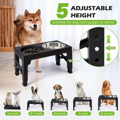 Elevated Dog Feeding Stand with 5 Height Adjustments (3.2"-12.2"), 2 Stainless Steel Dishes & 1 Slow Feeder Dish for Small to Large Dogs