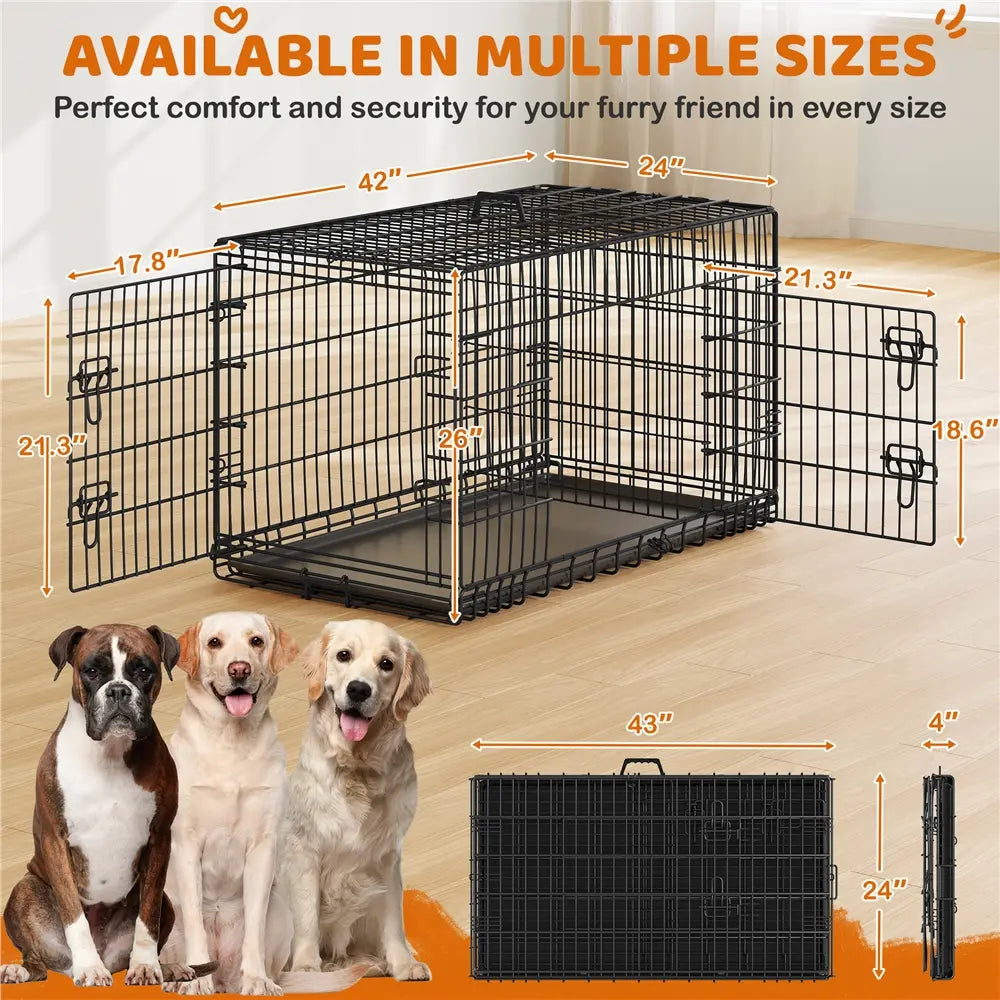 Yaheetech 42In Heavy-Duty Wire Metal Dog Crate Enclosure - Multi-Size Option (36/48In), Collapsible with Divider, Double Doors, Carry Handle, Leak-Proof Pull-Out Clean Tray, Easy Assembly for Travel & Puppy Training, Safe Indoor Use