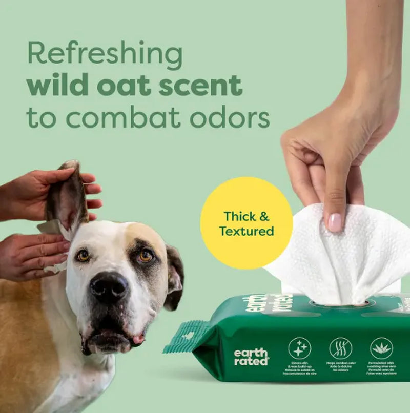 Earth Rated Veterinary-Approved Pet Ear Cleaning Wipes for Dogs and Cats, Hypoallergenic Dirt and Wax Remover, Wild Oat Scent, 70 Count