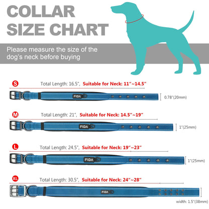 Fida Heavy-Duty Dog Collar - Ultra-Comfortable Neoprene Padded, Adjustable Reflective Nylon with Durable Metal Buckle - Lightweight Walking Collar for Small to Large Dogs