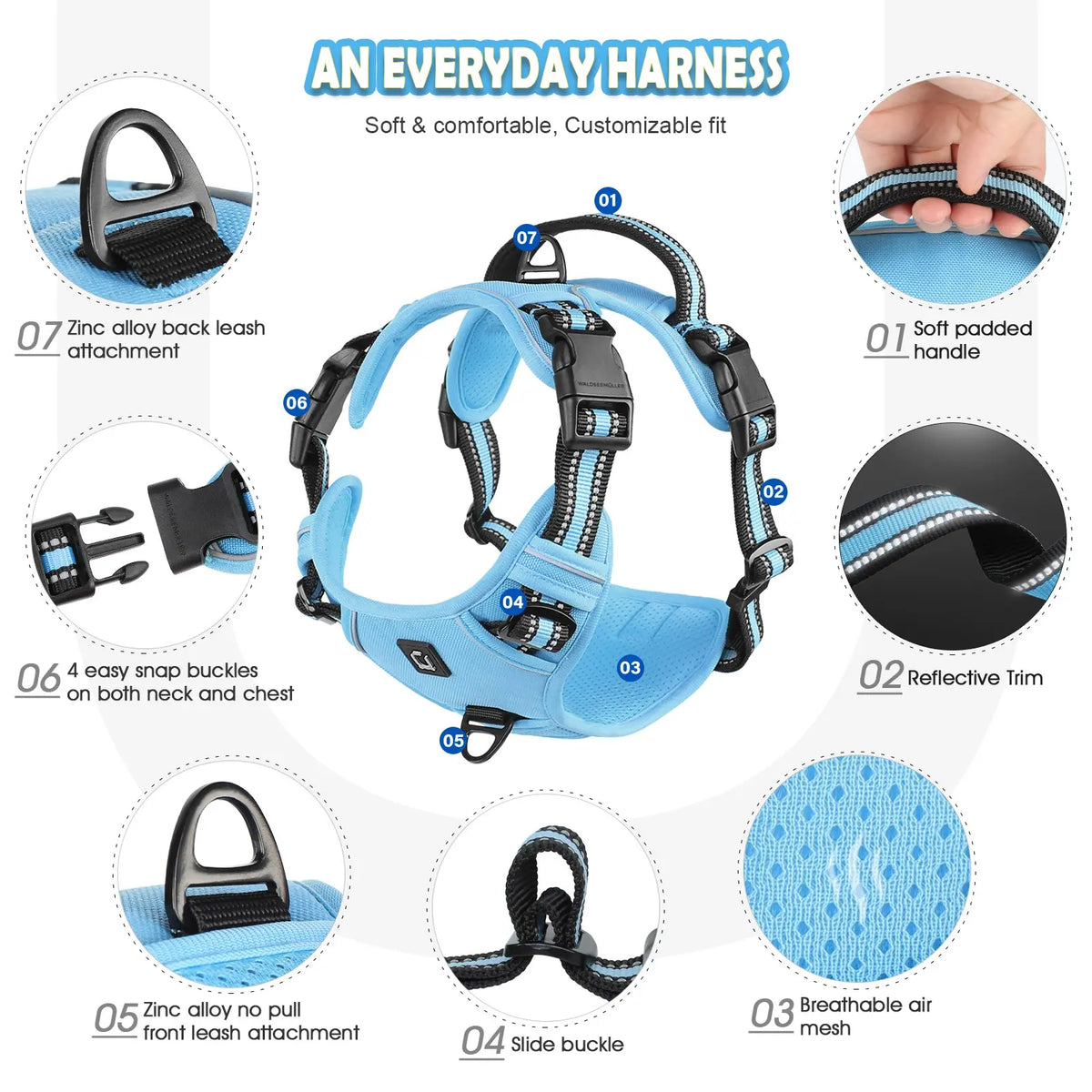 Durable Reflective No-Pull Dog Harness with Adjustable Soft-Padded Vest and Dual Leash Clips, Featuring Easy-Control Handle for Large Dogs
