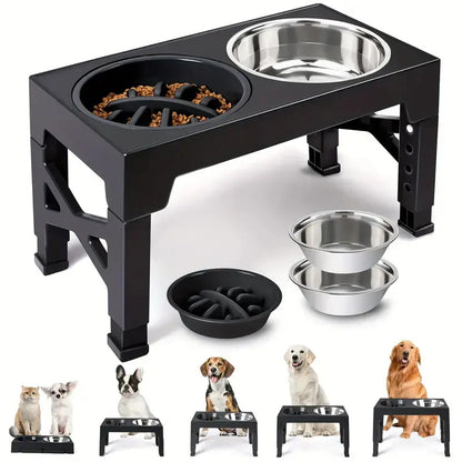Elevated Dog Feeding Stand with 5 Height Adjustments (3.2"-12.2"), 2 Stainless Steel Dishes & 1 Slow Feeder Dish for Small to Large Dogs