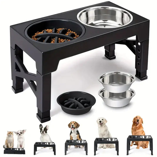 Elevated Dog Feeding Stand with 5 Height Adjustments (3.2"-12.2"), 2 Stainless Steel Dishes & 1 Slow Feeder Dish for Small to Large Dogs