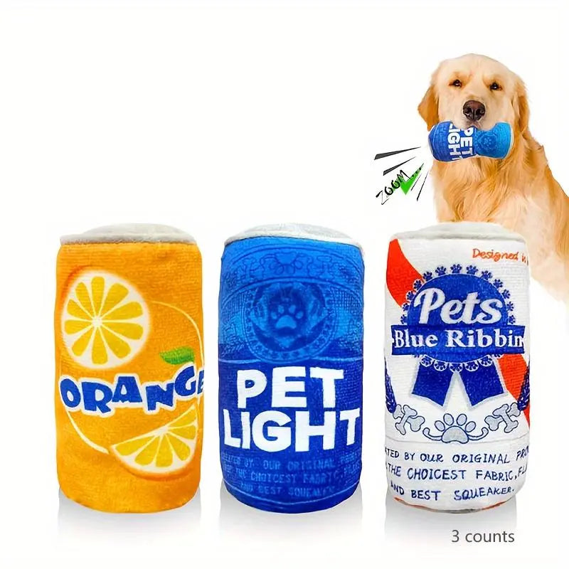 Soda Can Shaped Squeaky Toy Set for Dogs, 3 Soft Plush Chew Toys with Squeakers, Ideal for Medium and Small Breeds