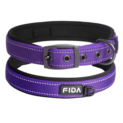 Fida Heavy-Duty Dog Collar - Ultra-Comfortable Neoprene Padded, Adjustable Reflective Nylon with Durable Metal Buckle - Lightweight Walking Collar for Small to Large Dogs