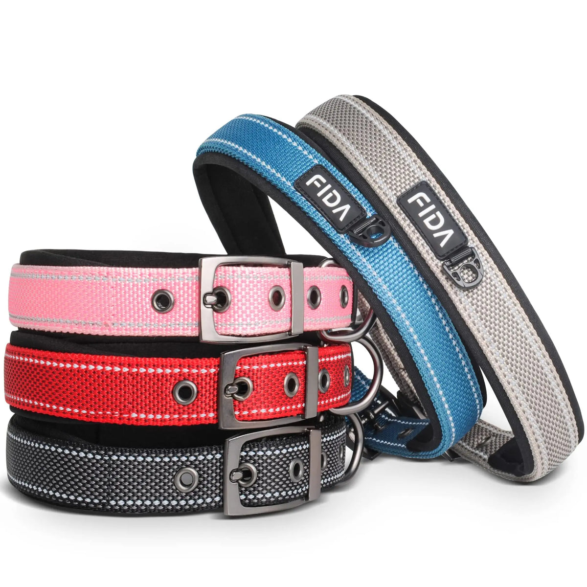 Fida Heavy-Duty Dog Collar - Ultra-Comfortable Neoprene Padded, Adjustable Reflective Nylon with Durable Metal Buckle - Lightweight Walking Collar for Small to Large Dogs