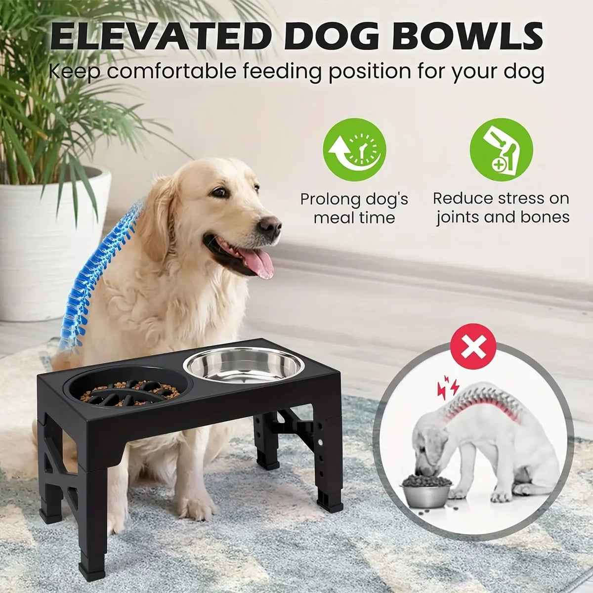 Elevated Dog Feeding Stand with 5 Height Adjustments (3.2"-12.2"), 2 Stainless Steel Dishes & 1 Slow Feeder Dish for Small to Large Dogs