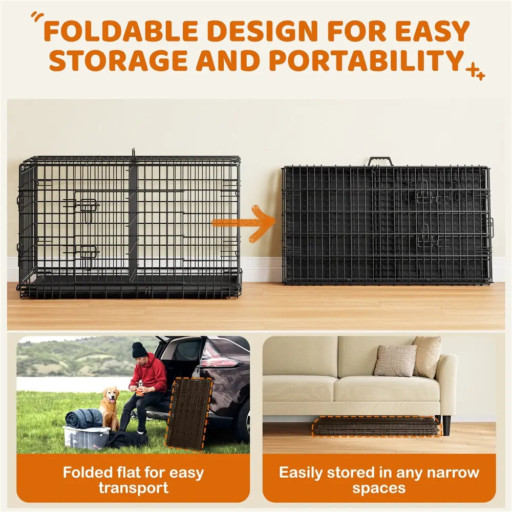 Yaheetech 42In Heavy-Duty Wire Metal Dog Crate Enclosure - Multi-Size Option (36/48In), Collapsible with Divider, Double Doors, Carry Handle, Leak-Proof Pull-Out Clean Tray, Easy Assembly for Travel & Puppy Training, Safe Indoor Use
