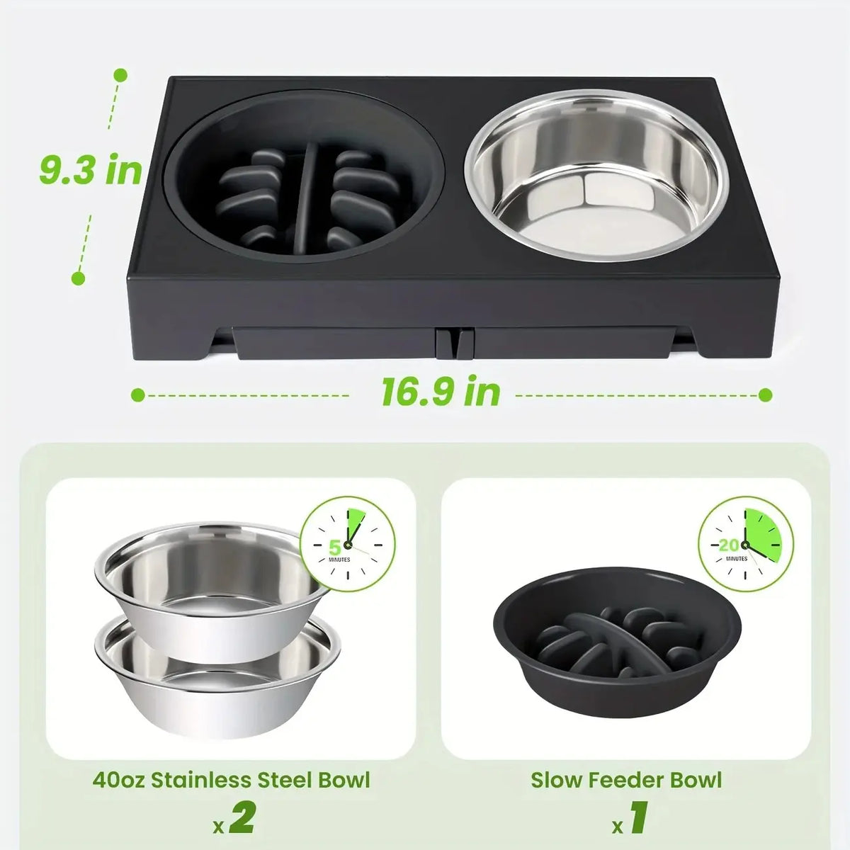 Elevated Dog Feeding Stand with 5 Height Adjustments (3.2"-12.2"), 2 Stainless Steel Dishes & 1 Slow Feeder Dish for Small to Large Dogs