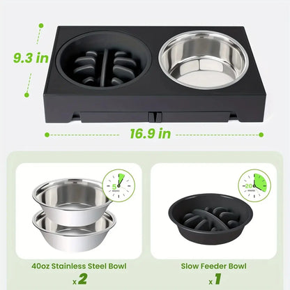 Elevated Dog Feeding Stand with 5 Height Adjustments (3.2"-12.2"), 2 Stainless Steel Dishes & 1 Slow Feeder Dish for Small to Large Dogs
