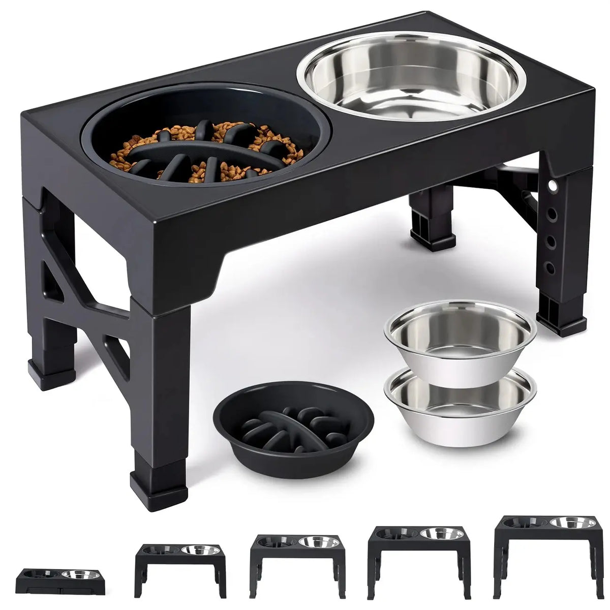 Elevated Dog Feeding Stand with 5 Height Adjustments (3.2"-12.2"), 2 Stainless Steel Dishes & 1 Slow Feeder Dish for Small to Large Dogs