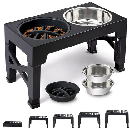 Elevated Dog Feeding Stand with 5 Height Adjustments (3.2"-12.2"), 2 Stainless Steel Dishes & 1 Slow Feeder Dish for Small to Large Dogs