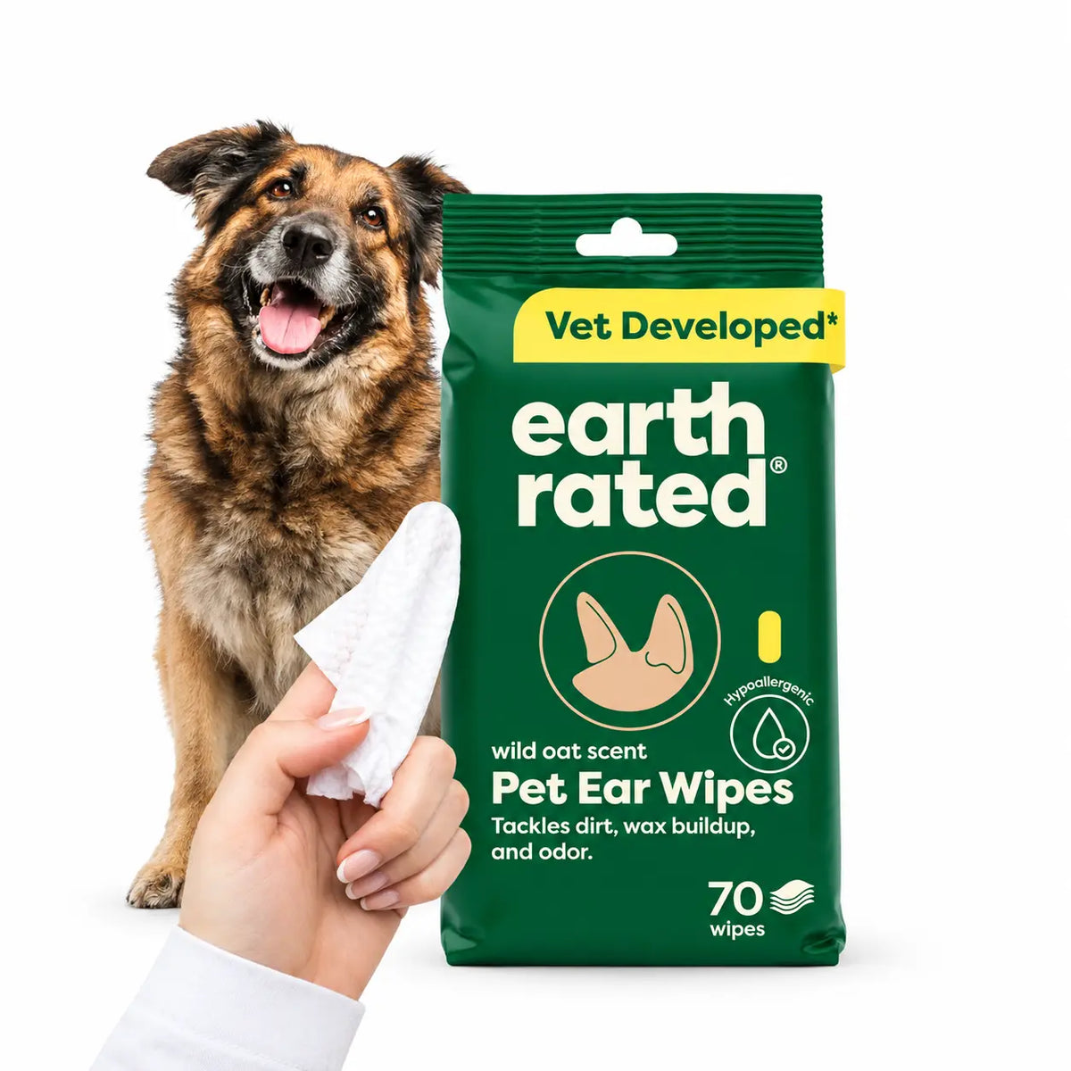 Earth Rated Veterinary-Approved Pet Ear Cleaning Wipes for Dogs and Cats, Hypoallergenic Dirt and Wax Remover, Wild Oat Scent, 70 Count