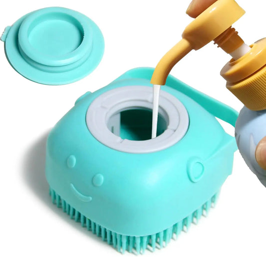 Silicone Pet Bath Soap Dispenser and Massage Brush - Portable Grooming Tool for Dogs and Cats with Soft Bristles, Fur Removal, Skin Care, and Improved Circulation (Blue, Suitable for All Coat Types)