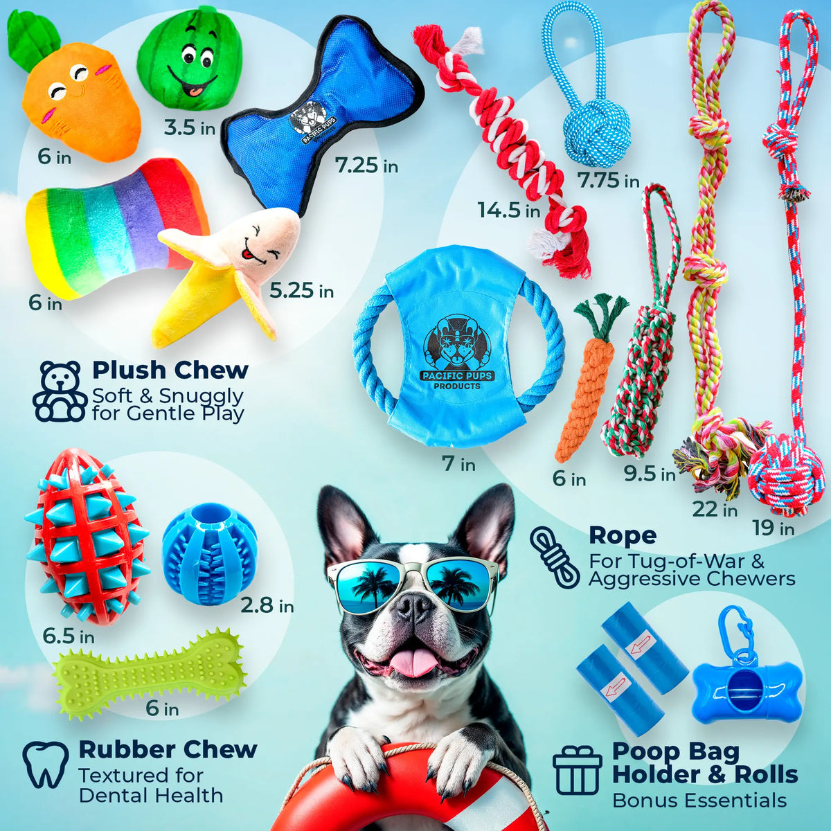 Pacific Pups Products 18-Piece Dog Toy Set - Assorted Chew Toys, Rope Toys, and Plush Toys with Squeakers for Interactive Play - Suitable for All Sizes and Breeds