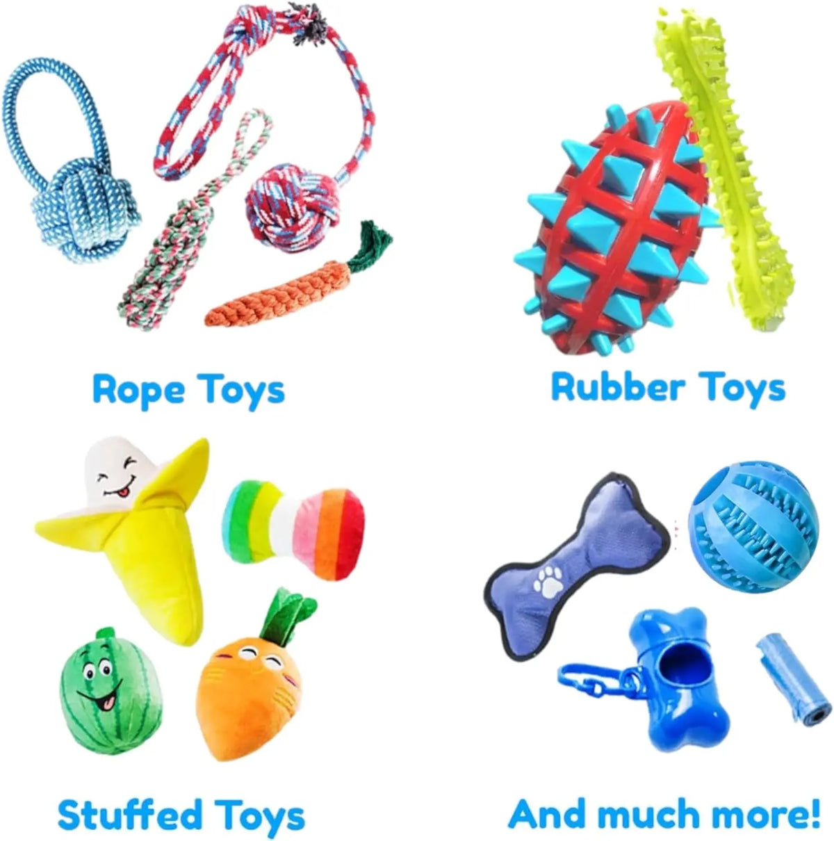 Pacific Pups Products 18-Piece Dog Toy Set - Assorted Chew Toys, Rope Toys, and Plush Toys with Squeakers for Interactive Play - Suitable for All Sizes and Breeds