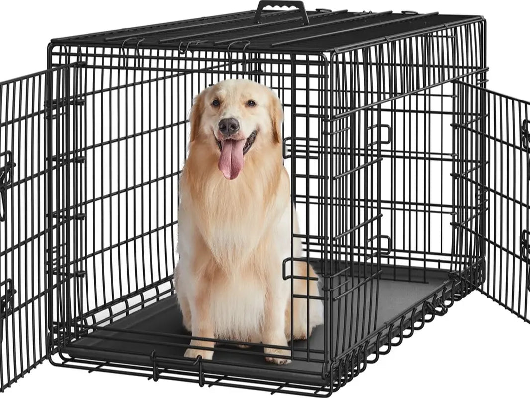 Yaheetech 42In Heavy-Duty Wire Metal Dog Crate Enclosure - Multi-Size Option (36/48In), Collapsible with Divider, Double Doors, Carry Handle, Leak-Proof Pull-Out Clean Tray, Easy Assembly for Travel & Puppy Training, Safe Indoor Use