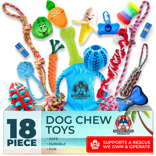 Pacific Pups Products 18-Piece Dog Toy Set - Assorted Chew Toys, Rope Toys, and Plush Toys with Squeakers for Interactive Play - Suitable for All Sizes and Breeds