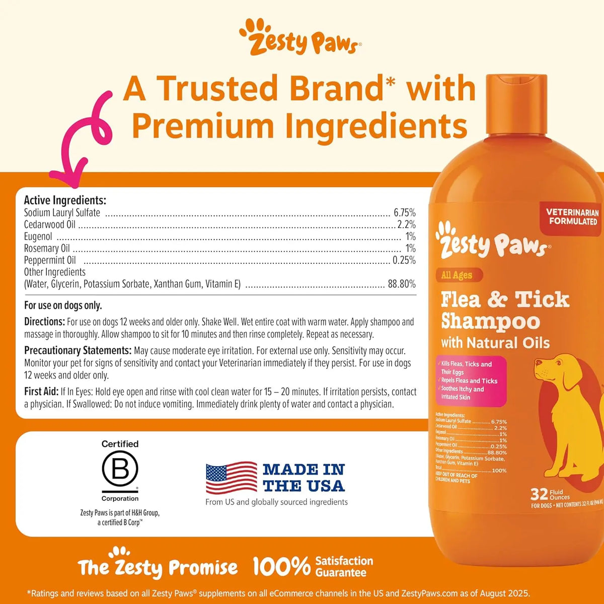 Zesty Paws Natural Flea & Tick Removal Shampoo for Dogs - 16 Fl Oz Soothing Deodorizing Formula with Cedarwood Oil & Peppermint for Enhanced Skin and Coat Care