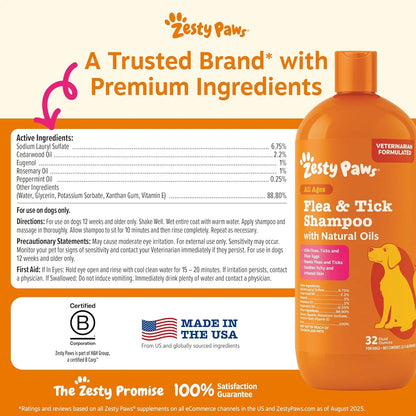 Zesty Paws Natural Flea & Tick Removal Shampoo for Dogs - 16 Fl Oz Soothing Deodorizing Formula with Cedarwood Oil & Peppermint for Enhanced Skin and Coat Care