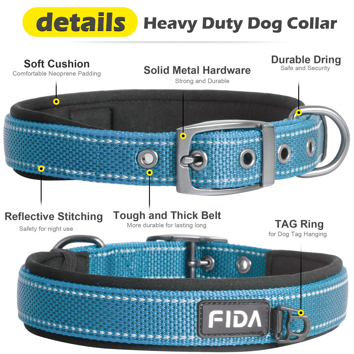 Fida Heavy-Duty Dog Collar - Ultra-Comfortable Neoprene Padded, Adjustable Reflective Nylon with Durable Metal Buckle - Lightweight Walking Collar for Small to Large Dogs