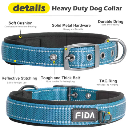 Fida Heavy-Duty Dog Collar - Ultra-Comfortable Neoprene Padded, Adjustable Reflective Nylon with Durable Metal Buckle - Lightweight Walking Collar for Small to Large Dogs