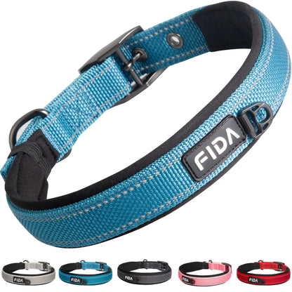 Fida Heavy-Duty Dog Collar - Ultra-Comfortable Neoprene Padded, Adjustable Reflective Nylon with Durable Metal Buckle - Lightweight Walking Collar for Small to Large Dogs
