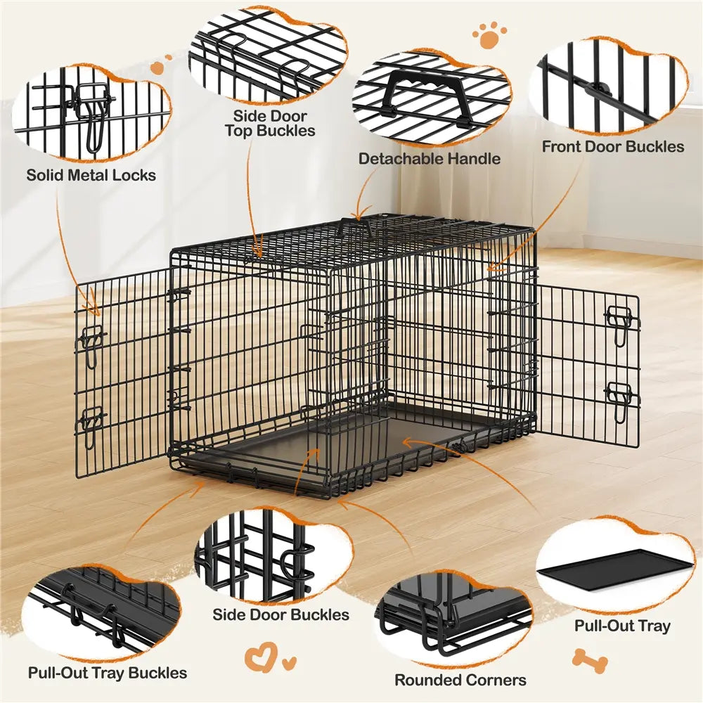 Yaheetech 42In Heavy-Duty Wire Metal Dog Crate Enclosure - Multi-Size Option (36/48In), Collapsible with Divider, Double Doors, Carry Handle, Leak-Proof Pull-Out Clean Tray, Easy Assembly for Travel & Puppy Training, Safe Indoor Use