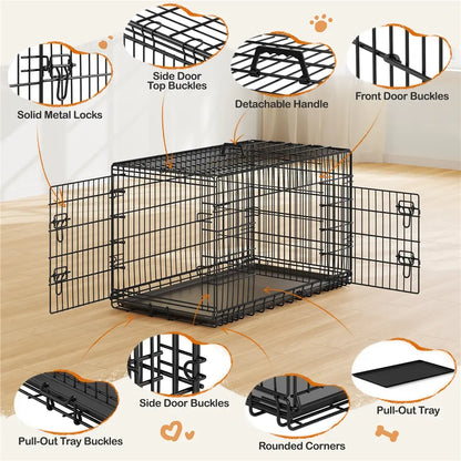 Yaheetech 42In Heavy-Duty Wire Metal Dog Crate Enclosure - Multi-Size Option (36/48In), Collapsible with Divider, Double Doors, Carry Handle, Leak-Proof Pull-Out Clean Tray, Easy Assembly for Travel & Puppy Training, Safe Indoor Use